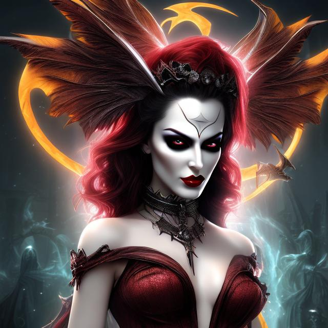 Prompt: HD 4k 3D 8k professional modeling photo hyper realistic evil beautiful demon woman ethereal greek goddess of horror
yellow hair dark eyes gorgeous face fair skin dark red lips grecian feathered dress jewelry gothic crown claws full body surrounded by ghostly glow hd landscape background underworld surrounded by gothic horror  ghostly spirits bats crows 
