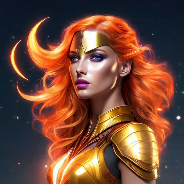 Prompt: HD 4k 3D 8k professional modeling photo hyper realistic beautiful  woman ethereal greek goddess of lightning
red orange and yellow hair tan skin gorgeous face shining gold armor shield gold jewelry lightning headpiece pixie wings full body surrounded by ambient  glow hd landscape power of lighting in the sky 

