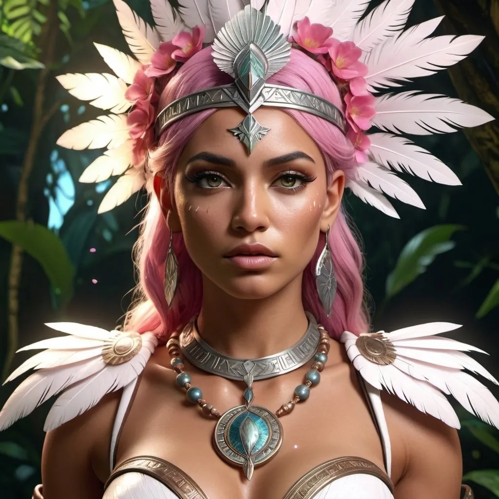 Prompt: HD 4k 3D, 8k, hyper realistic, professional modeling, ethereal Greek Goddess and Amazonian Warrior, pink hair, brown skin, gorgeous glowing face, Amazonian Warrior armor, quartz jewelry and tiara, Amazon warrior, tattoos, full body, jungle, adorned with white feathers and flowers, archer, surrounded by ambient divine glow, detailed, elegant, mythical, surreal dramatic lighting, majestic, goddesslike aura