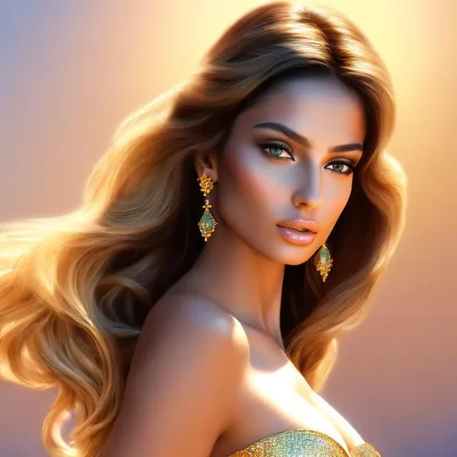 Prompt: HD 4k 3D, hyper realistic, professional modeling, ethereal Greek goddess of lunchtime, brunette ombre hair, tan skin, gorgeous face, island dress, shiny jewelry and diadem, full body, ambient glow of day, alluring sun goddess, bright island sunlight, tropical paradise, vibrant power, detailed, elegant, ethereal, mythical, Greek, goddess, surreal lighting, majestic, goddesslike aura