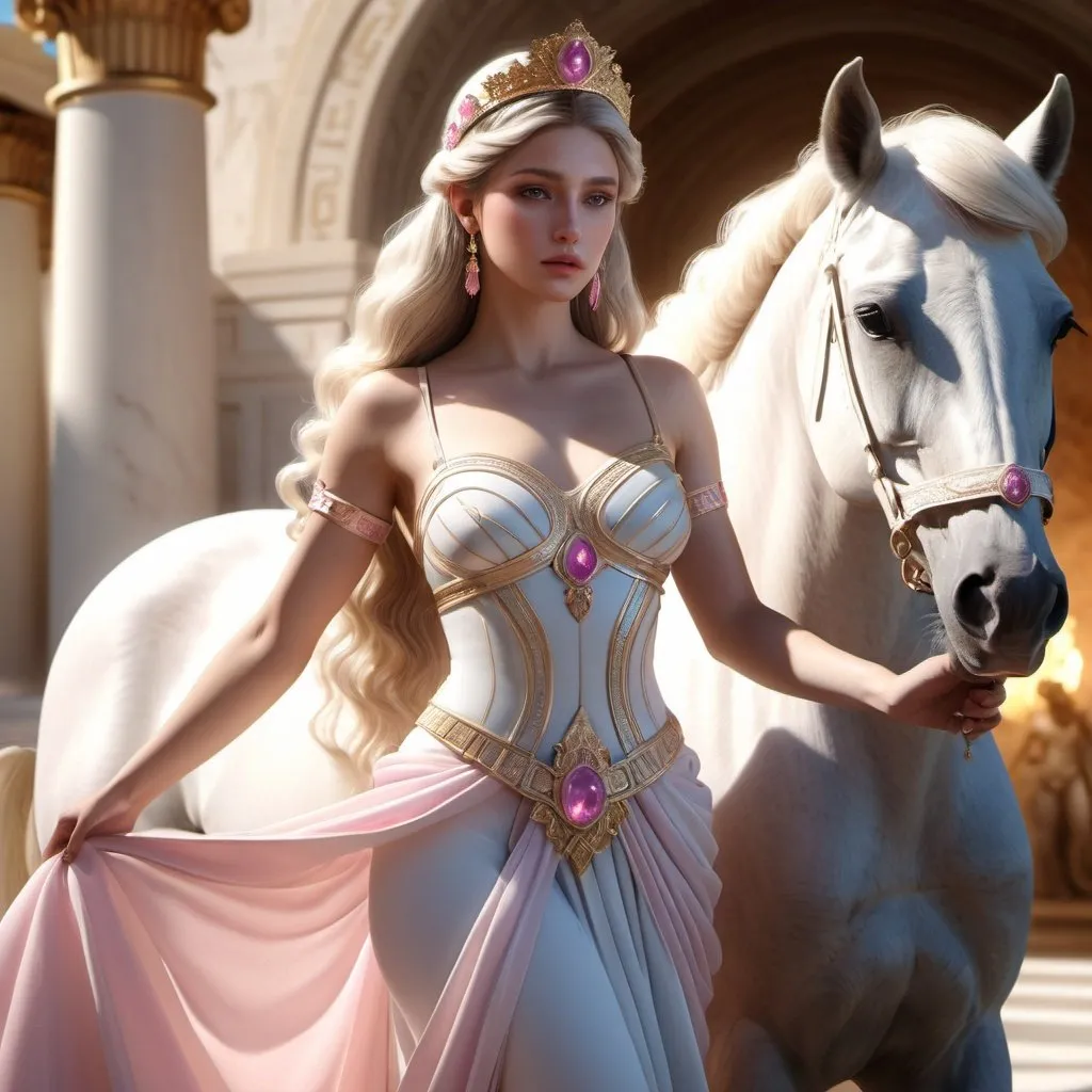 Prompt: HD 4k 3D, hyper realistic, professional modeling, ethereal Greek sister Princesses, shining hair, white skin, gorgeous face, bridal gowns, pink calcite jewelry and headbands, full body, horses, cherubs, surrounded by divine glow, detailed, elegant, ethereal, mythical, Greek, goddess, surreal lighting, majestic, goddesslike aura