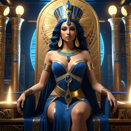 Prompt: HD 4k 3D, 8k, hyper realistic, professional modeling, ethereal Egyptian Goddess style, Ruler Goddess, beautiful, holding scepter,  glowing fair skin, dark blue hair, mythical regal gown, crown, full body, powerful, on throne on egyptian boat, Fantasy setting, surrounded by ambient divine glow, detailed, elegant, surreal dramatic lighting, majestic, goddesslike aura, octane render, artistic and whimsical