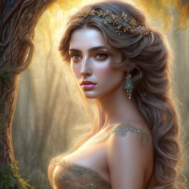 Prompt: HD 4k 3D, hyper realistic, professional modeling, ethereal Greek goddess of ash trees, purple hair, tan skin, gorgeous face, gorgeous rustic inspired dress, rustic jewelry and rustic headband, full body, ambient glow, ash tree nymph, landscape, detailed, elegant, ethereal, mythical, Greek, goddess, surreal lighting, majestic, goddesslike aura