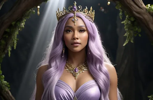 Prompt: Hariasa Norse Goddess of Hair,  hyper realistic, HD 4k 3D, professional modeling, ethereal, light purple long flowing hair, olive skin, gorgeous face, gorgeous jewelry and tiara, full body, ambient glow, detailed, elegant, ethereal, mythical, goddess, moody lighting, majestic, goddesslike aura, Norse Mythology