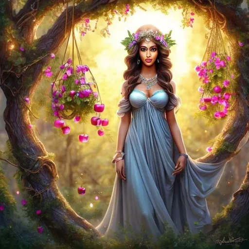 Prompt: HD 4k 3D, hyper realistic, professional modeling, ethereal mischievous Greek goddess of apple trees, light gray hair, mixed skin, gorgeous face, gorgeous tree inspired dress, rustic jewelry and tree headpiece, full body, ambient glow, fruit tree orchard, landscape, detailed, elegant, ethereal, mythical, Greek, goddess, surreal lighting, majestic, goddesslike aura