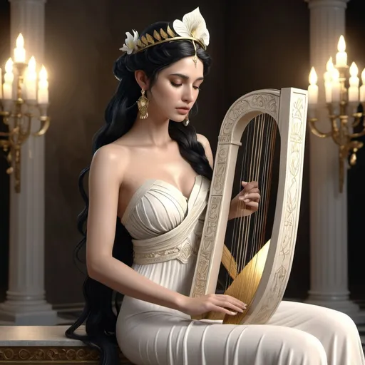 Prompt: HD 4k 3D, hyper realistic, professional modeling, ethereal Greek Muse of Lower Chord of the Lyre, dark black hair, ivory skin, gorgeous face, grecian embellished gown, diamond jewelry and tiara, full body, petite, playing lyre, white lilies, swans, detailed, elegant, ethereal, mythical, Greek, goddess, surreal lighting, majestic, goddesslike aura