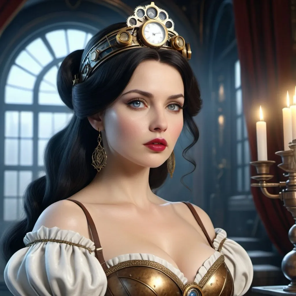 Prompt: HD 4k 3D, hyper realistic, professional modeling, enchanted German Steampunk Princess - Snow White, beautiful, magical, sci-fi, high fantasy background, detailed, highly realistic woman, elegant, ethereal, mythical, Greek goddess, surreal lighting, majestic, goddesslike aura, Annie Leibovitz style 