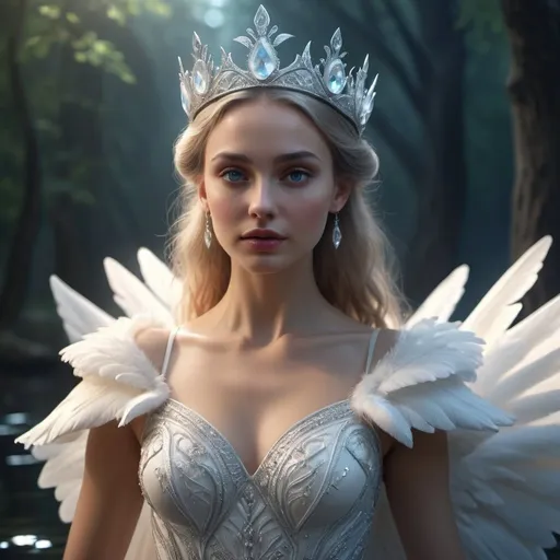 Prompt: HD 4k 3D, hyper realistic, professional modeling, enchanted Russian Princess - Odette, sorceress, beautiful, magical, Swan Lake, high fantasy background, detailed, highly realistic woman, elegant, ethereal, mythical, Greek goddess, surreal lighting, majestic, goddesslike aura