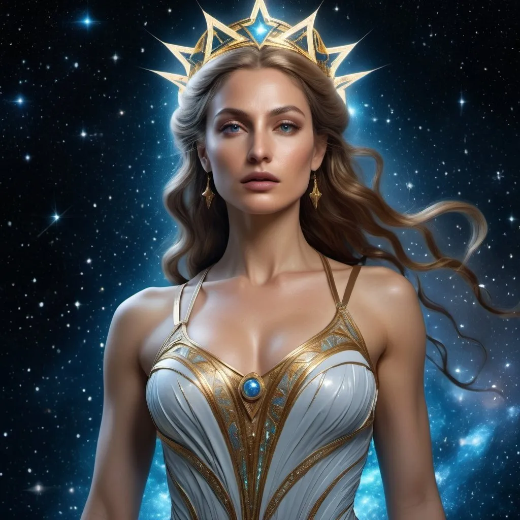 Prompt: HD 4k 3D 8k professional modeling photo hyper realistic beautiful woman Space Princess ethereal greek goddess Lauranna, primordial cosmic sci fi goddess, full body surrounded by ambient glow, covered in stars and light, enchanted, magical, highly detailed, intricate, highly realistic woman, high fantasy space background, elegant, mythical, surreal lighting, majestic, goddesslike aura, Annie Leibovitz style 

