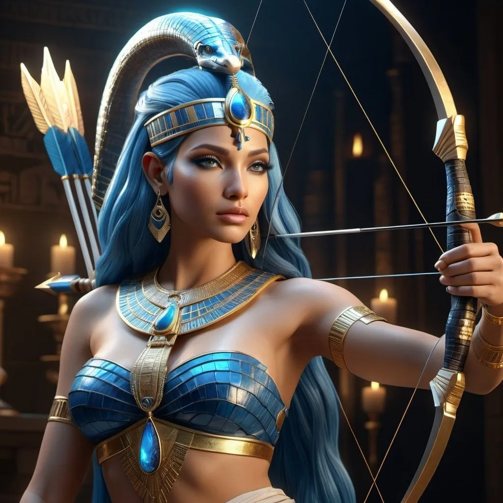 Prompt: HD 4k 3D, 8k, hyper realistic, professional modeling, ethereal Egyptian Goddess style, beautiful with bow and arrow, glowing fair skin, blue hair, mythical crocodile skin outfit and jewelry, tiara, full body, heavenly ruler of the cosmos, Fantasy setting, surrounded by ambient divine glow, detailed, elegant, surreal dramatic lighting, majestic, goddesslike aura, octane render, artistic and whimsical