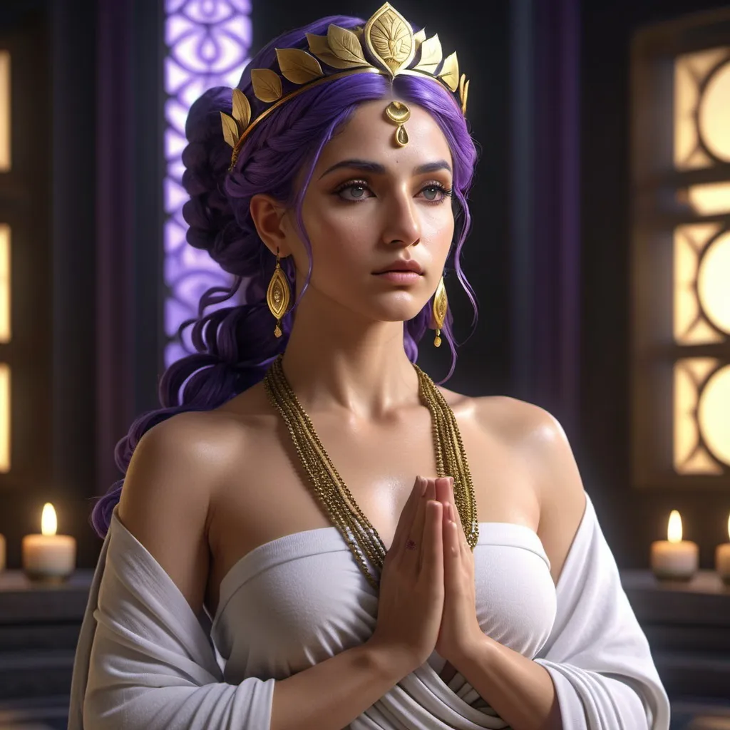 Prompt: HD 4k 3D, hyper realistic, professional modeling, ethereal Greek Muse of Meditation, bright purple hair, olive skin, gorgeous face, grecian robes, lotus jewelry and diadem, full body, embodiment of meditation, yoga pose, beautiful form, tranquility, detailed, elegant, ethereal, mythical, Greek, goddess, surreal lighting, majestic, goddesslike aura