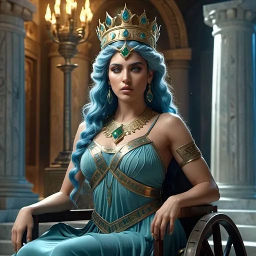 Prompt: HD 4k 3D, 8k, hyper realistic, professional modeling, ethereal Greek Goddess Calydonian Princess, blue hair, olive skin, gorgeous glowing face, flowing dress, green gemstone jewelry and crown, combat warrior, drives a chariot, bloody, surrounded by ambient divinity glow, detailed, elegant, mythical, surreal dramatic lighting, majestic, goddesslike aura
