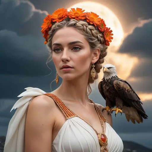 Prompt: HD 4k 3D, 8k, hyper realistic, professional modeling, ethereal Greek Goddess and Earth Mother, red crown braid, ivory skin, gorgeous face, mother earth zinnia dress, orange gemstone jewelry and headpiece, thunderstorm in background, holding a great eagle, surrounded by ambient divine glow, detailed, elegant, ethereal, mythical, Greek, goddess, surreal lighting, majestic, goddesslike aura