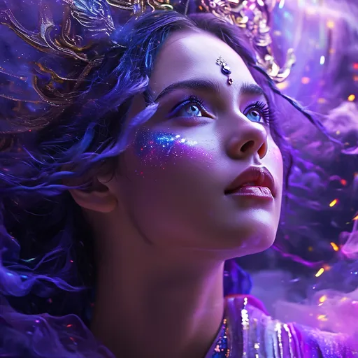 Prompt: Tempestas, Purple Roman Goddess of Storms and Sudden Weather, Pre-Raphaelite time-lapse motion blur Abstract* cyber graffiti, High resolution, detailed portrait, Midjourney style, ethereal atmosphere, flowing hair, captivating eyes, cosmic mystical aura, vibrant colors, soft lighting, professional, digital painting, enchanting presence, fantasy, dreamy, female, mystical, detailed hair, captivating gaze, professional lighting, hyper realistic, HD 4k 3D, professional modeling, ethereal, gorgeous face, ambient divine glow, detailed and intricate, elegant, ethereal, mythical, goddess, radiant lighting, majestic, goddesslike aura