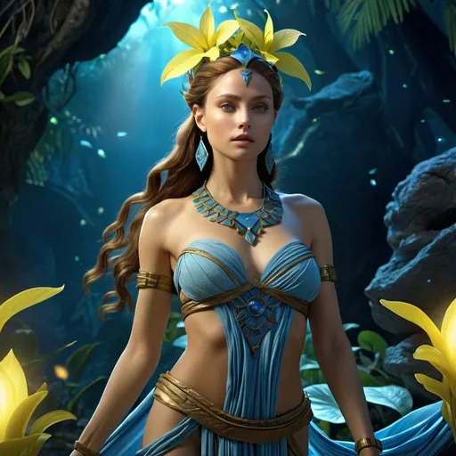Prompt: HD 4k 3D 8k professional modeling photo hyper realistic beautiful woman enchanted Na'vi Princess, ethereal greek goddess, full body surrounded by ambient glow, magical, highly detailed, intricate, lush Pandora paradise at dusk, outdoor landscape, highly realistic woman, high fantasy background, elegant, mythical, surreal lighting, majestic, goddesslike aura, Annie Leibovitz style 

