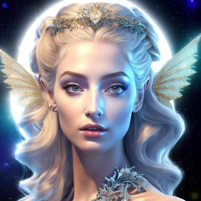 Prompt: HD 4k 3D, hyper realistic, professional modeling, ethereal Greek goddess of the stars, silver hair, pale skin, gorgeous face, gorgeous sparkling gown, sparkling jewelry and headpiece of stars, pixie wings, full body, ambient starlight glow,  background does with golden horns, dazzling light, landscape, detailed, elegant, ethereal, mythical, Greek, goddess, surreal lighting, majestic, goddesslike aura