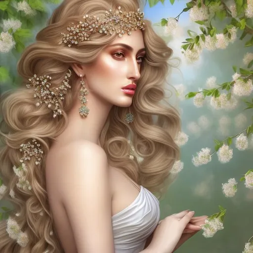 Prompt: HD 4k 3D, hyper realistic, professional modeling, ethereal  Greek goddess of poplar blossom trees, red half up hair, olive skin, gorgeous face, gorgeous poplar blossom tree dress, tree jewelry and poplar blossom headpiece, full body, ambient glow, poplar blossom tree nymph, woodpeckers, landscape, detailed, elegant, ethereal, mythical, Greek, goddess, surreal lighting, majestic, goddesslike aura