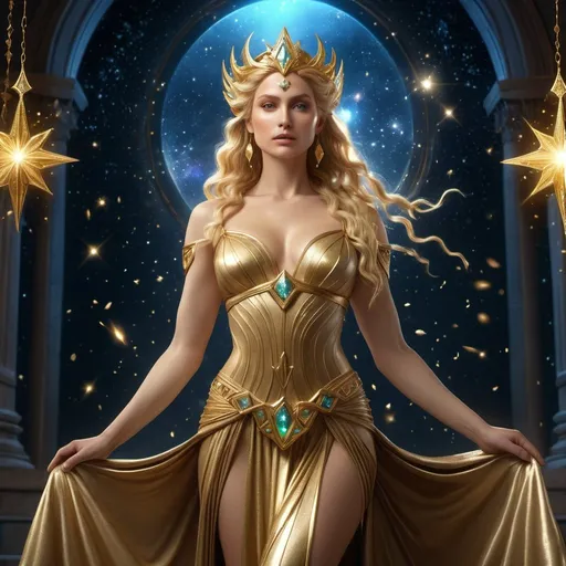 Prompt: HD 4k 3D 8k professional modeling photo hyper realistic beautiful woman golden haired immortal Elf Princess ethereal greek goddess, ancient primordial wise goddess, full body surrounded by ambient glow, covered in stars and gems, enchanted, magical, highly detailed, intricate, highly realistic woman, high fantasy background, Lothlorian, elegant, mythical, surreal lighting, majestic, goddesslike aura, Annie Leibovitz style 

