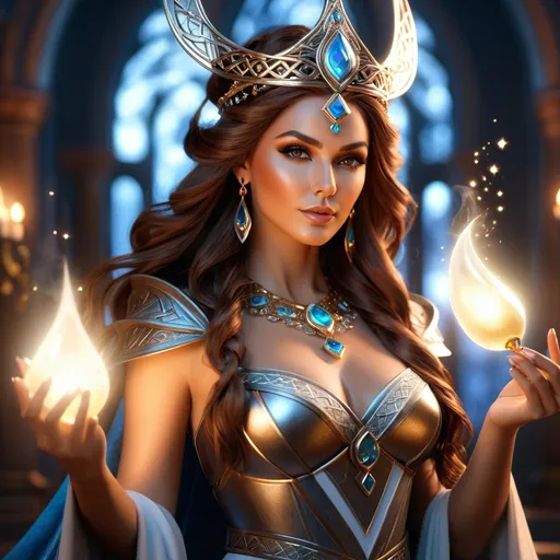 Prompt: Grimhild, evil Norse witch, a beautiful but evil sorceress, maker of magic potions, hyper realistic, HD 4k 3D, professional modeling, ethereal, brown hair, tan skin, gorgeous face, jewelry and headpiece, ambient divine glow, detailed and intricate, elegant, ethereal, mythical, goddess, radiant lighting, majestic, goddesslike aura