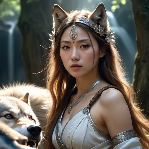 Prompt: HD 4k 3D, hyper realistic, professional modeling, enchanted Japanese Warrior Princess - San, strong, beautiful, magical, wolves, high fantasy background, detailed, highly realistic woman, elegant, ethereal, mythical, Greek goddess, surreal lighting, majestic, goddesslike aura, Annie Leibovitz style 