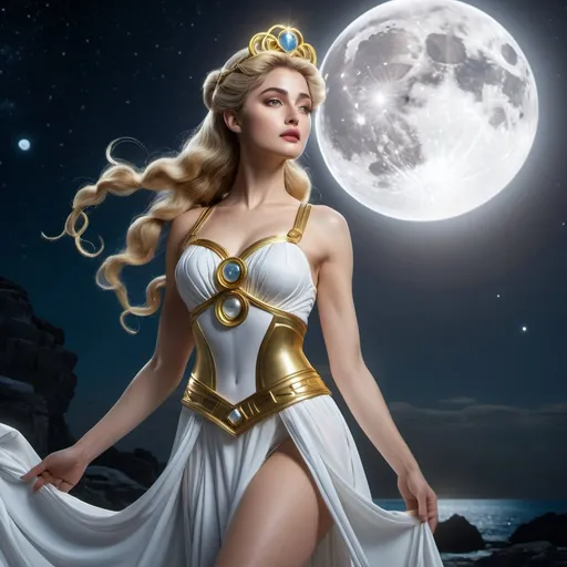 Prompt: HD 4k 3D 8k professional modeling photo hyper realistic beautiful woman enchanted Moon Princess Serenity, ethereal greek goddess, full body surrounded by ambient glow, magical, highly detailed, intricate, beautiful Sailor Moon style, Moon, lunar, outdoor landscape, highly realistic woman, high fantasy background, elegant, mythical, surreal lighting, majestic, goddesslike aura, Annie Leibovitz style 

