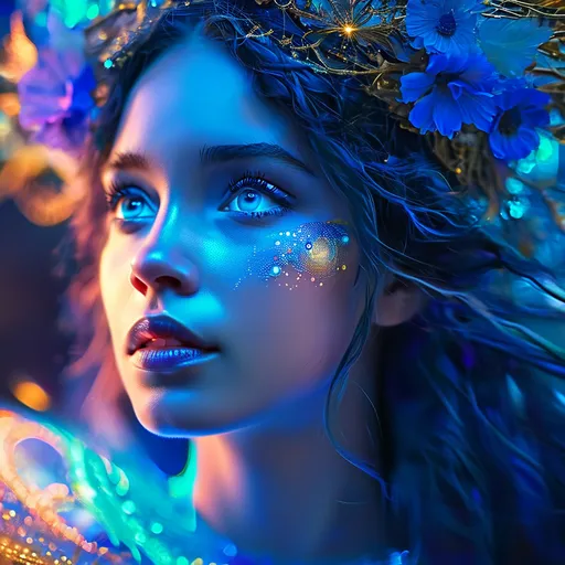 Prompt: Blue Fairy as an Ancient Cosmic Goddess, pre-Raphaelite time-lapse motion blur Abstract* cyber graffiti, High resolution, detailed portrait, Midjourney style, ethereal atmosphere, flowing hair, captivating eyes, cosmic mystical aura, vibrant colors, soft lighting, professional, digital painting, enchanting presence, fantasy, dreamy, female, mystical, detailed hair, captivating gaze, professional lighting, hyper realistic, HD 4k 3D, professional modeling, ethereal, gorgeous face, ambient divine glow, detailed and intricate, elegant, ethereal, mythical, goddess, radiant lighting,