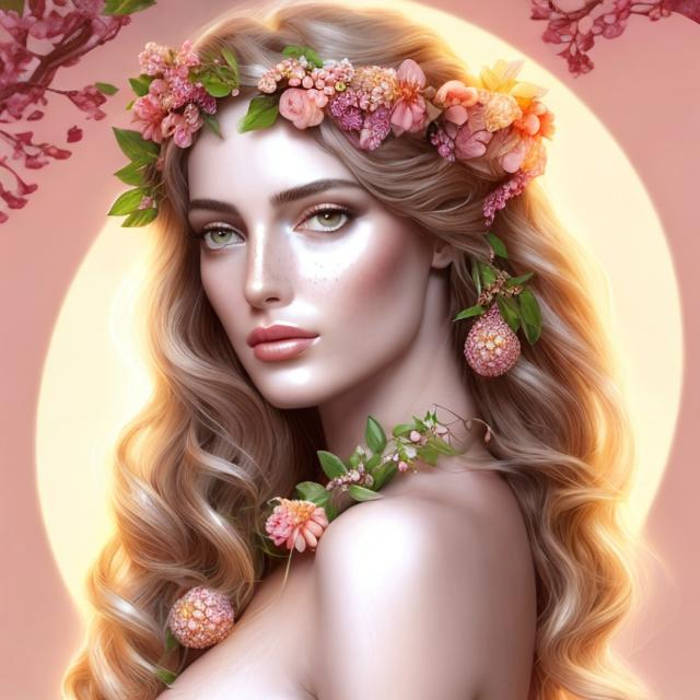 Prompt: HD 4k 3D, hyper realistic, professional modeling, ethereal  Greek goddess of fruit trees, pink ombre hair, tan freckled skin, gorgeous face, gorgeous fruit tree dress, tree jewelry and fruit blossom headband, full body, ambient glow, fruit blossom tree nymph, landscape, detailed, elegant, ethereal, mythical, Greek, goddess, surreal lighting, majestic, goddesslike aura