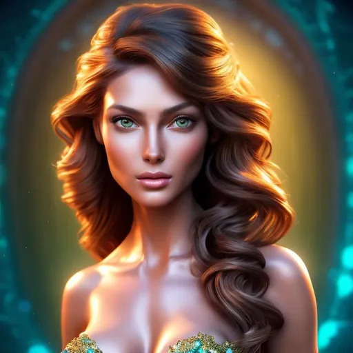 Prompt: HD 4k 3D 8k professional modeling photo hyper realistic beautiful woman ethereal greek goddess sea nymph
chestnut brown hair olive skin gorgeous face  jewelry dolphin crown mermaid tail full body surrounded by ambient glow hd landscape a beautiful peaceful ornate fountain

