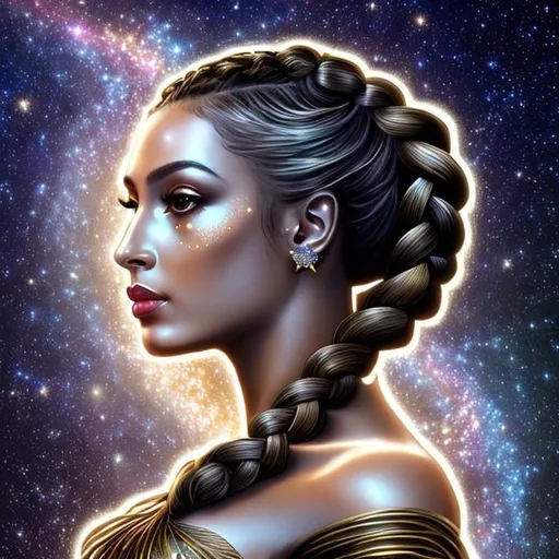 Prompt: HD 4k 3D, hyper realistic, professional modeling, ethereal Greek goddess of the stars,  bronze braided bun hair, black skin, gorgeous face, gorgeous starry gown, starry jewelry and headband of stars, angel wings, full body, ambient starlight glow, overlooking island, dazzling light, landscape, detailed, elegant, ethereal, mythical, Greek, goddess, surreal lighting, majestic, goddesslike aura