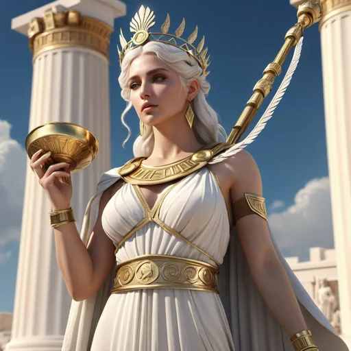 Prompt: HD 4k 3D, hyper realistic, professional modeling, ethereal Greek Muse of History, straight white hair, fair skin, gorgeous face, grecian warrior outfit, onyx jewelry and laurel crown, full body, proclaimer, glorious, holding scrolls and lyre, on mount olympus, detailed, elegant, ethereal, mythical, Greek, goddess, surreal lighting, majestic, goddesslike aura