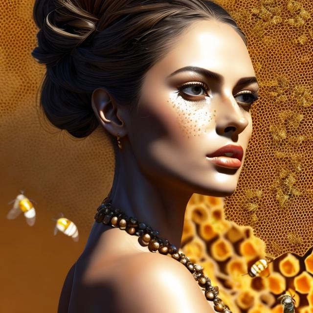 Prompt: HD 4k 3D, hyper realistic, professional modeling, ethereal Greek goddess of honey, black double ponytail hair, olive freckled skin, gorgeous face, gorgeous honeycomb dress, rustic jewelry and honeybee crown, full body, ambient glow, honey, beehives, honeybees, landscape, detailed, elegant, ethereal, mythical, Greek, goddess, surreal lighting, majestic, goddesslike aura