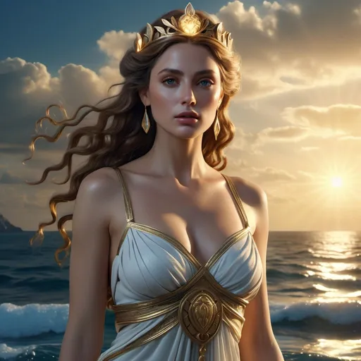 Prompt: HD 4k 3D 8k professional modeling photo hyper realistic beautiful woman Princess of Florin ethereal greek goddess gorgeous face full body surrounded by ambient glow, enchanted, magical, detailed, highly realistic woman, high fantasy background, kingdom by the sea, elegant, mythical, surreal lighting, majestic, goddesslike aura, Annie Leibovitz style 

