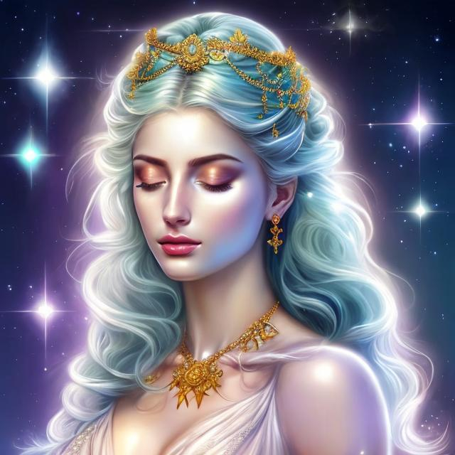 Prompt: HD 4k 3D, hyper realistic, professional modeling, ethereal Greek sleep goddess of hallucinations, blue hair, white skin, multicolor gown, gorgeous face, chrome jewelry and headband, full body, ambient spirit glow, serenity, meditation, tranquil dreamlike background, detailed, elegant, ethereal, mythical, Greek, goddess, surreal lighting, majestic, goddesslike aura