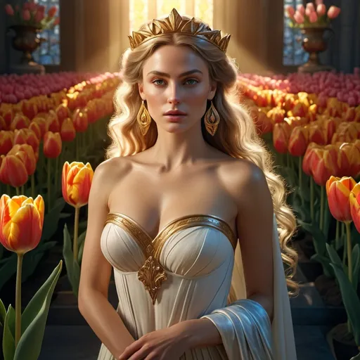 Prompt: HD 4k 3D 8k professional modeling photo hyper realistic beautiful woman Dutch Summer Princess ethereal greek goddess gorgeous face full body surrounded by ambient glow, enchanted, magical, detailed, highly realistic woman, high fantasy background, tulips, elegant, mythical, surreal lighting, majestic, goddesslike aura, Annie Leibovitz style 

