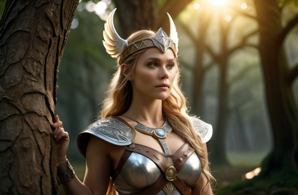 Prompt: Hlin Norse Valkyrie Goddess of Protection, hyper realistic, HD 4k 3D, professional modeling, ethereal, light brown half up hair, mixed skin, gorgeous face, gorgeous jewelry and diadem, full body, in a grove of old trees, ambient glow, detailed, elegant, ethereal, mythical, goddess, moody lighting, majestic, goddesslike aura, Norse Mythology