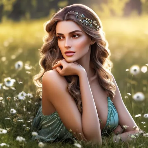 Prompt: HD 4k 3D 8k professional modeling photo hyper realistic beautiful woman ethereal greek goddess of excuses
gray french braid hair green eyes brown skin gorgeous face shimmering dress shiny jewelry headband laying in meadow full body surrounded by ambient glow hd landscape background she is lazing in a summer meadow bathed in sunshine with goats and sheep
