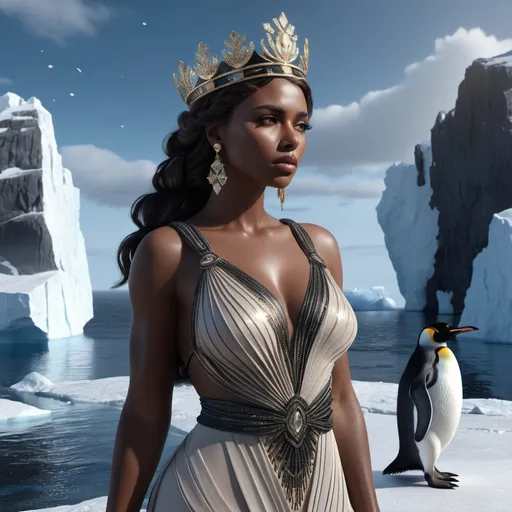 Prompt: HD 4k 3D, hyper realistic, professional modeling, ethereal Greek Muse of Memory, dark brown hair, black skin, gorgeous face, embellished shimmering dress, shiny jewelry and crown, full body, look of longing, Antarctica, cold landscape, penguins, detailed, elegant, ethereal, mythical, Greek, goddess, surreal lighting, majestic, goddesslike aura