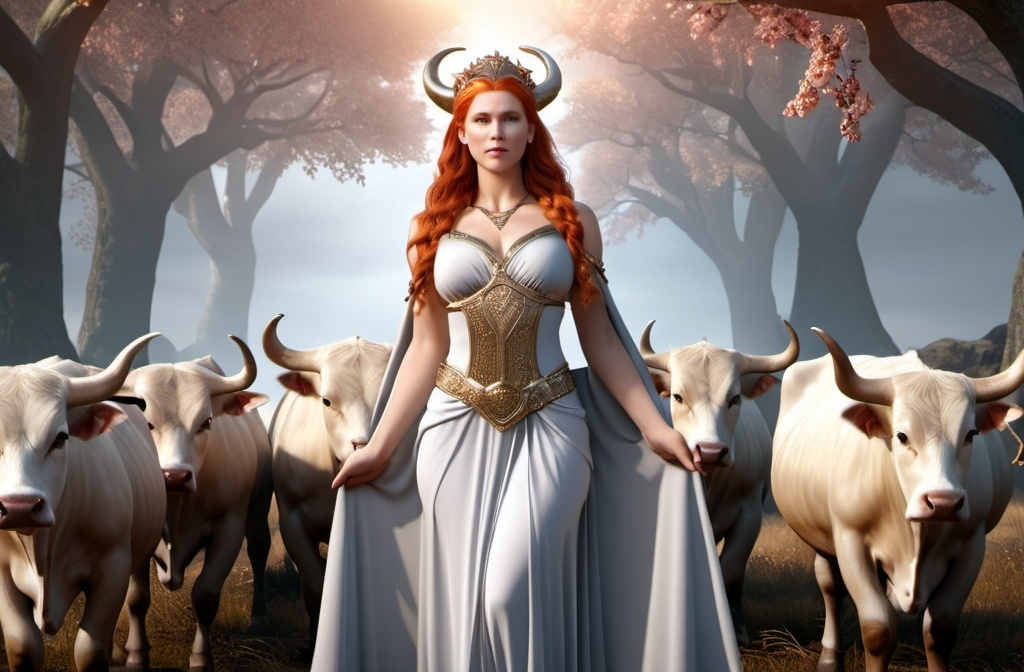 Prompt: Gefjon Norse Goddess of the Harvest and Oxen,  hyper realistic, HD 4k 3D, professional modeling, ethereal, light red  hair, fair skin, gorgeous face, gorgeous jewelry and tiara, full body, ambient glow, landscape, detailed, elegant, ethereal, mythical, goddess, surreal lighting, majestic, goddesslike aura, Norse Mythology