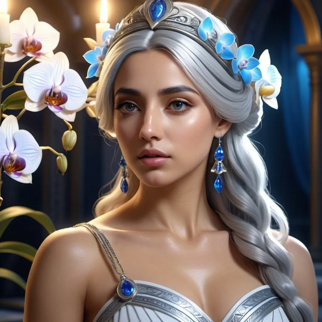 Prompt: HD 4k 3D, 8k, hyper realistic, professional modeling, ethereal Greek Goddess and Cretan Princess, silver hair, mixed skin, gorgeous glowing face, blue and white dress, brown jewelry and diadem, bright and shining, orchids, Goddess of Love, surrounded by ambient divinity glow, detailed, elegant, mythical, surreal dramatic lighting, majestic, goddesslike aura