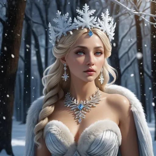 Prompt: HD 4k 3D, hyper realistic, professional modeling, ethereal Greek goddess of Winter, plantinum blonde hair, mixed skin, gorgeous face, grecian snowflake velvet and fur dress, ice jewelry and ice crown, full body, embodiment of winter, falling snow, forest, foxes and rabbits, detailed, elegant, ethereal, mythical, Greek, goddess, surreal lighting, majestic, goddesslike aura