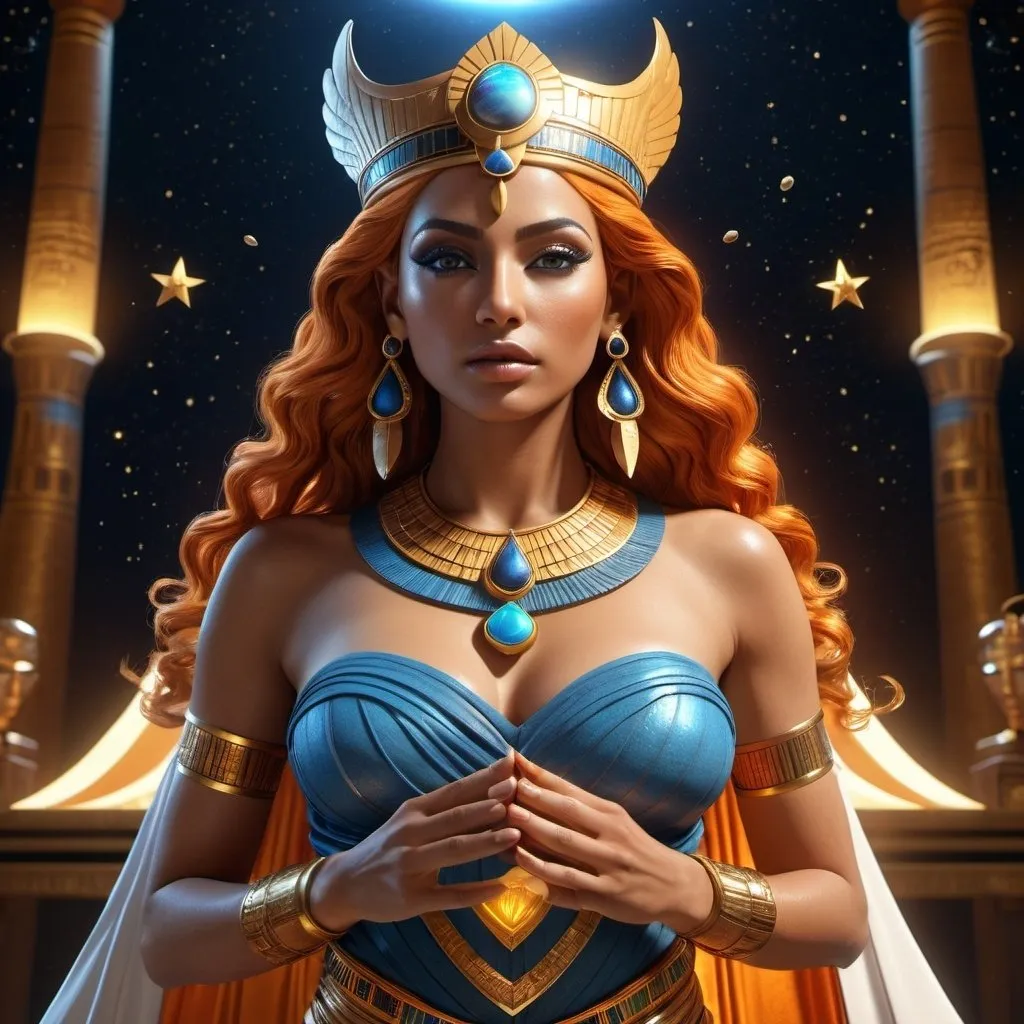 Prompt: HD 4k 3D, 8k, hyper realistic, professional modeling, ethereal Egyptian Goddess of truth, justice, order Maat, beautiful, glowing medium skin, orange hair, mythical  clothing and jewelry, crown, Cosmos, full body, holding a heart in one hand and a feather in the other, stars, planets, Fantasy setting, surrounded by ambient divine glow, detailed, elegant, surreal dramatic lighting, majestic, goddesslike aura, octane render