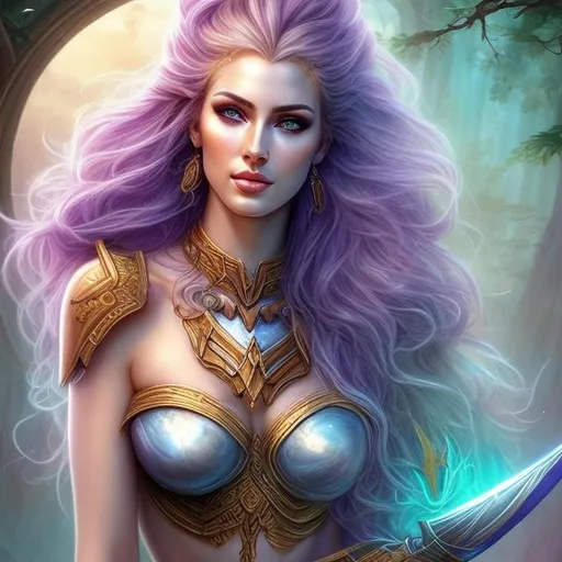Prompt: HD 4k 3D, hyper realistic, professional modeling, ethereal invincible Greek warrior goddess, purple ombre hair, pale freckled skin, gorgeous face, gorgeous nature armor, rustic jewelry and headpiece and weapons, full body, ambient glow, invincible nature warrior goddess, landscape, detailed, elegant, ethereal, mythical, Greek, goddess, surreal lighting, majestic, goddesslike aura