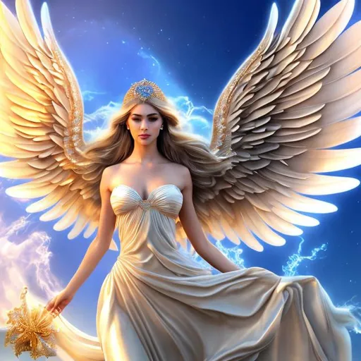 Prompt: HD 4k 3D 8k professional modeling photo hyper realistic three beautiful  women ethereal greek goddesses of the wind
different colored hair gorgeous face flowing gowns in the wind jewelry tiaras angel wings full body surrounded by ambient glow hd landscape beautiful winged goddesses on clouds

