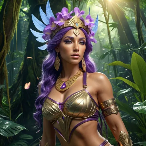 Prompt: HD 4k 3D, 8k, hyper realistic, professional modeling, ethereal Greek Goddess and Amazonian Warrior, purple hair, tan skin, gorgeous glowing face, Amazonian Warrior armor, beryl jewelry and headband, Amazon warrior, full body, in the rainforest, adorned with iris flowers, skilled and courageous, surrounded by ambient divine glow, detailed, elegant, mythical, surreal dramatic lighting, majestic, goddesslike aura