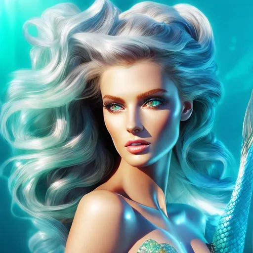 Prompt: HD 4k 3D 8k professional modeling photo hyper realistic beautiful woman ethereal greek goddess Antarctica mermaid
light green half up hair tan skin gorgeous face  jewelry diadem colored mermaid tail full body surrounded by ambient glow hd landscape under icy ocean water glaciers Antarctica mermaid

