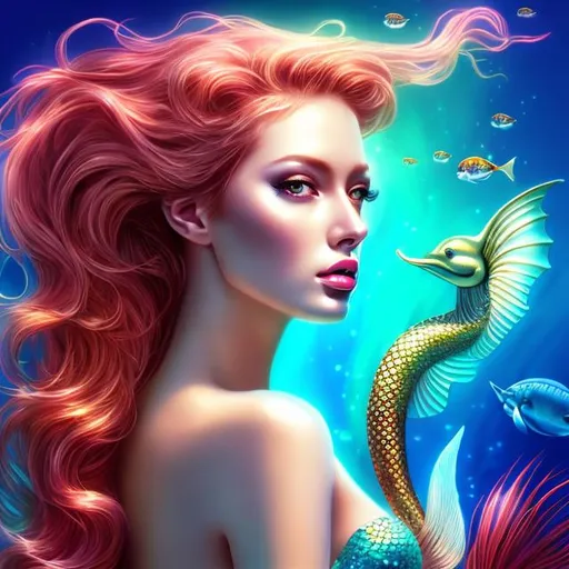 Prompt: HD 4k 3D 8k professional modeling photo hyper realistic beautiful woman ethereal greek goddess Asian sea nymph Oceanid
red hair pale skin gorgeous face ocean jewelry sea headband colored mermaid tail full body surrounded by ambient glow hd landscape under the pacific ocean mermaid 

