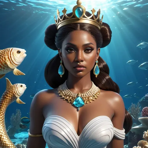 Prompt: HD 4k 3D, hyper realistic, professional modeling, ethereal Greek Sea Goddess and Princess, brunette double buns, dark skin, gorgeous face, mermaid tail, jasper jewelry and starfish crown, full body, Queen of the Sea, white goddess, powerful and strong, surrounded by divine glow, detailed, elegant, ethereal, mythical, Greek, goddess, surreal lighting, majestic, goddesslike aura