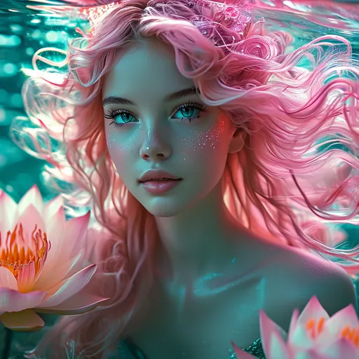 Prompt: Lympha, pink haired Roman Freshwater Nymph Mermaid, pre-Raphaelite time-lapse motion blur Abstract* cyber graffiti, High resolution, detailed portrait, Midjourney style, ethereal atmosphere, flowing hair, captivating eyes, cosmic mystical aura, vibrant colors, soft lighting, professional, digital painting, enchanting presence, fantasy, dreamy, female, mystical, detailed hair, captivating gaze, professional lighting, hyper realistic, HD 4k 3D, professional modeling, ethereal, gorgeous face, ambient divine glow, detailed and intricate, elegant, ethereal, mythical, goddess, radiant lighting, freshwater source, lotus flowers, underwater mermaid style