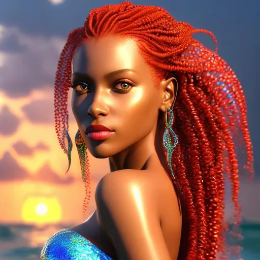 Prompt: HD 4k 3D 8k professional modeling photo hyper realistic beautiful woman ethereal greek goddess Ethiopian mermaid
red locs hair gorgeous face sea jewelry  sea headpiece mermaid tail full body surrounded by ambient glow hd landscape beautiful vibrant seascape fish and crabs and lobsters
