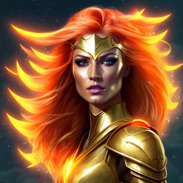 Prompt: HD 4k 3D 8k professional modeling photo hyper realistic beautiful  woman ethereal greek goddess of lightning
red orange and yellow hair tan skin gorgeous face shining gold armor shield gold jewelry lightning headpiece pixie wings full body surrounded by ambient  glow hd landscape power of lighting in the sky 


